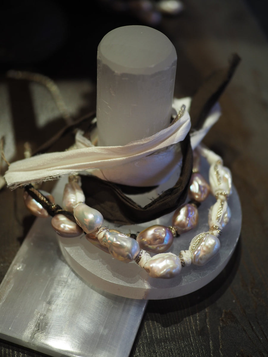 Silk Ribbon Baroque Pearls Necklace - Blush Pearls
