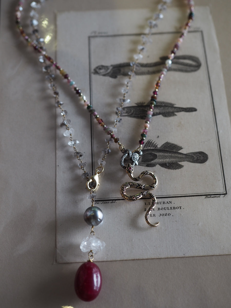 Lariat Necklace - Herkimer Diamonds + Tahitian grey Pearl + Ruby stone