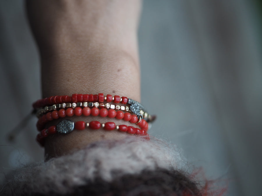 Coral stones bracelet with silver pave diamonds disk