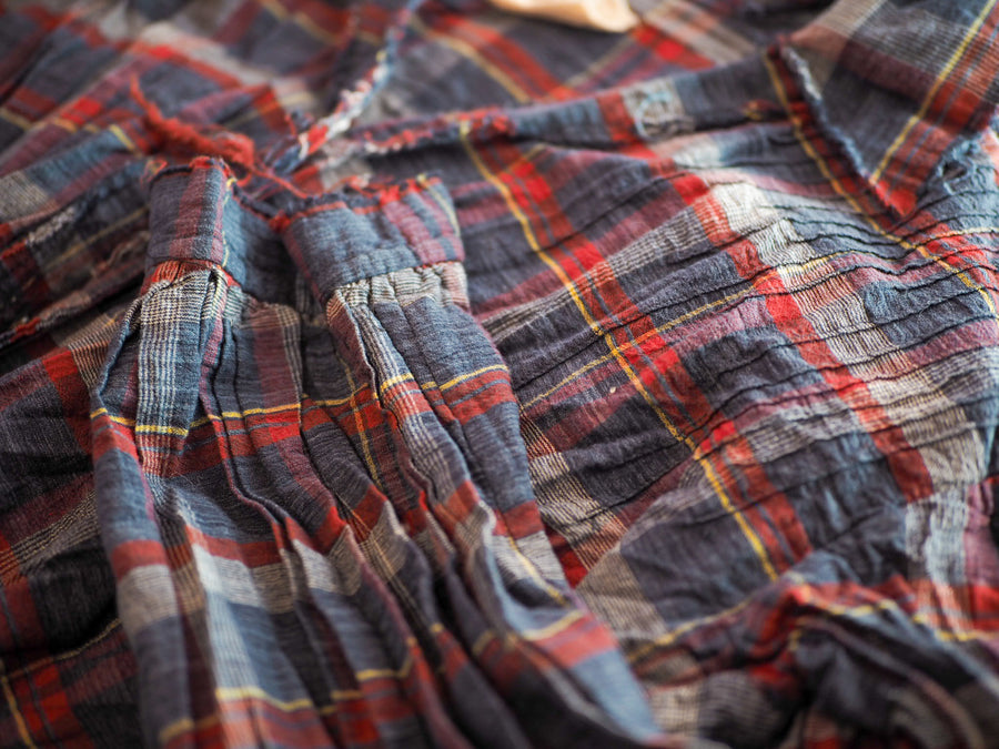 Amano Pin-tuck check Shirt (Linen) - Navy/White/rust tartan