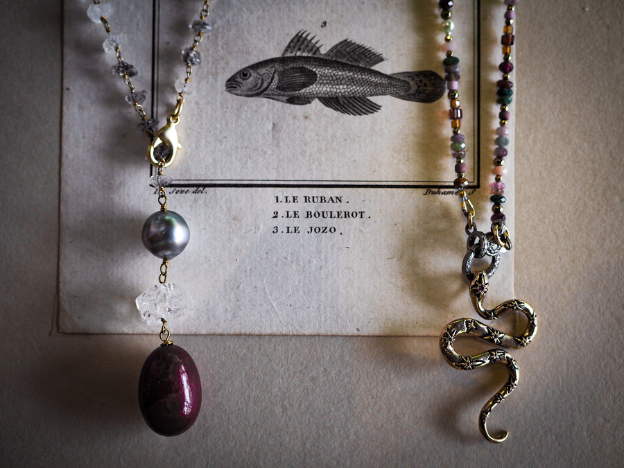 Lariat Necklace - Herkimer Diamonds + Tahitian grey Pearl + Ruby stone