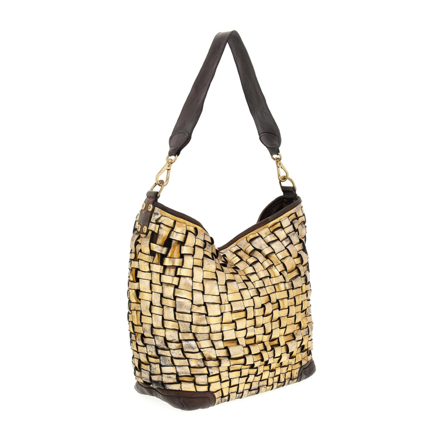 Edera Lux
Shopping bag in laminated, woven and garment-dyed cowhide leather