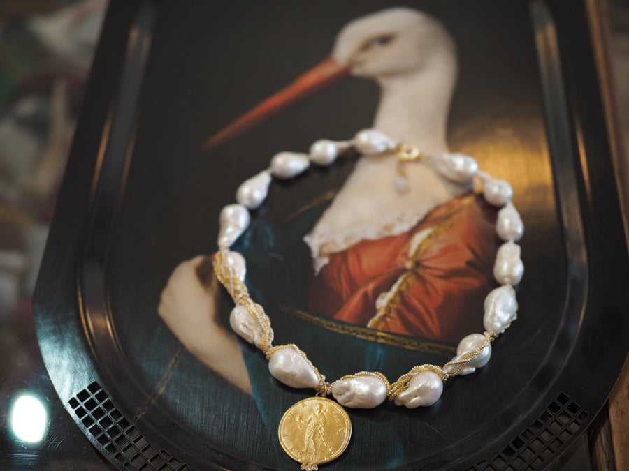 Short Wrap Baroque Pearls Necklace - Coin Drop and diamonds