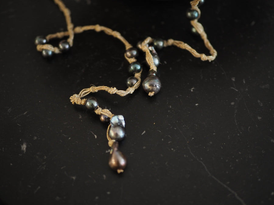Multi Pearl Lariat Necklace On Silk Thread - Ebony