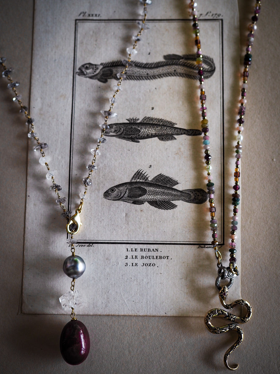 Lariat Necklace - Herkimer Diamonds + Tahitian grey Pearl + Ruby stone