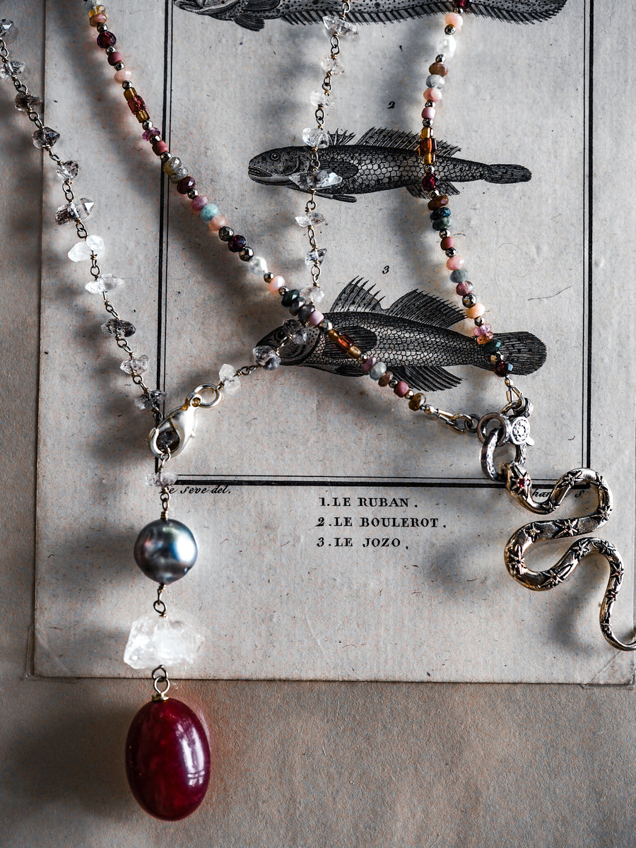 Lariat Necklace - Herkimer Diamonds + Tahitian grey Pearl + Ruby stone
