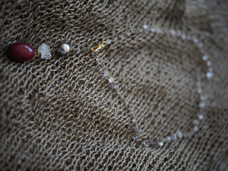 Lariat Necklace - Herkimer Diamonds + Tahitian grey Pearl + Ruby stone