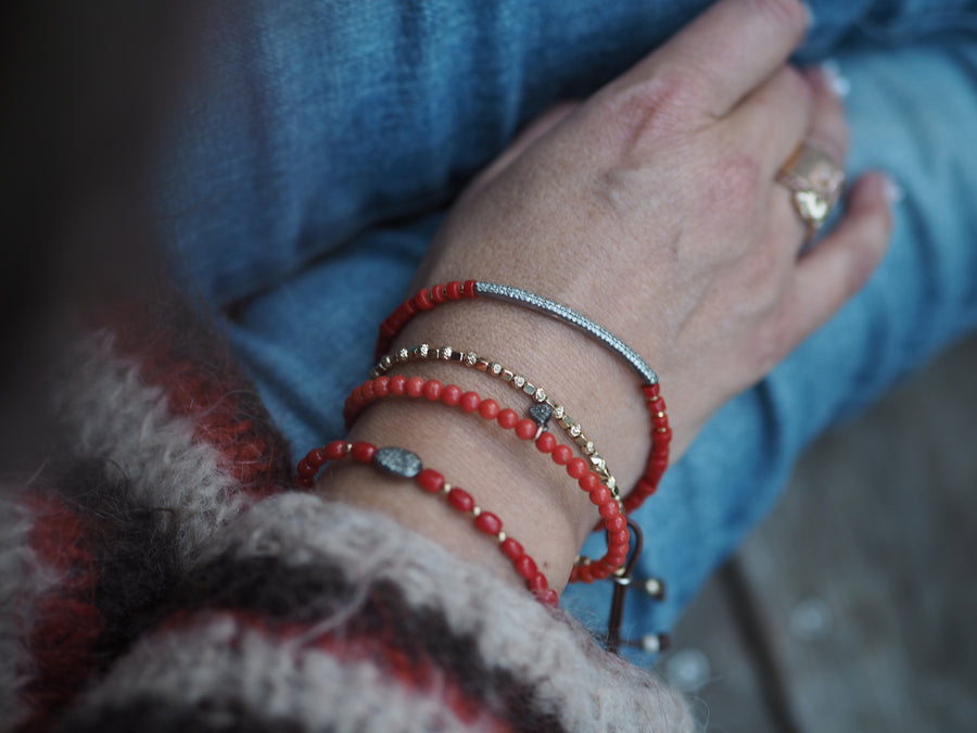 Coral stones bracelet with silver pave diamonds disk