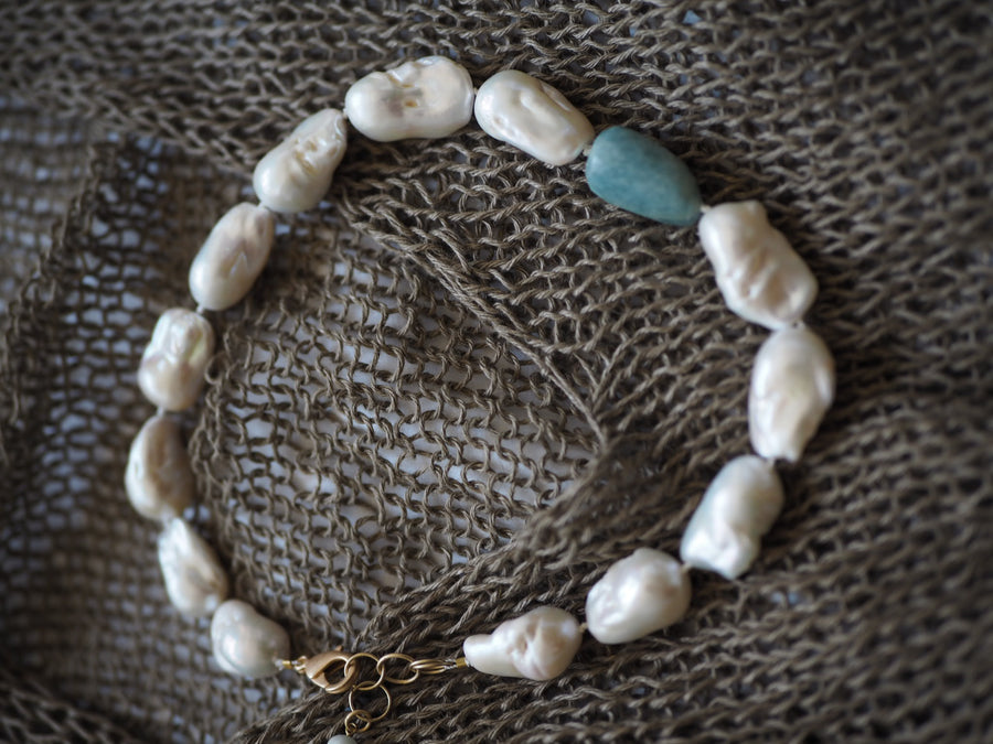 Classic Pearl Necklace - Baroque Pearls + Aquamarine
