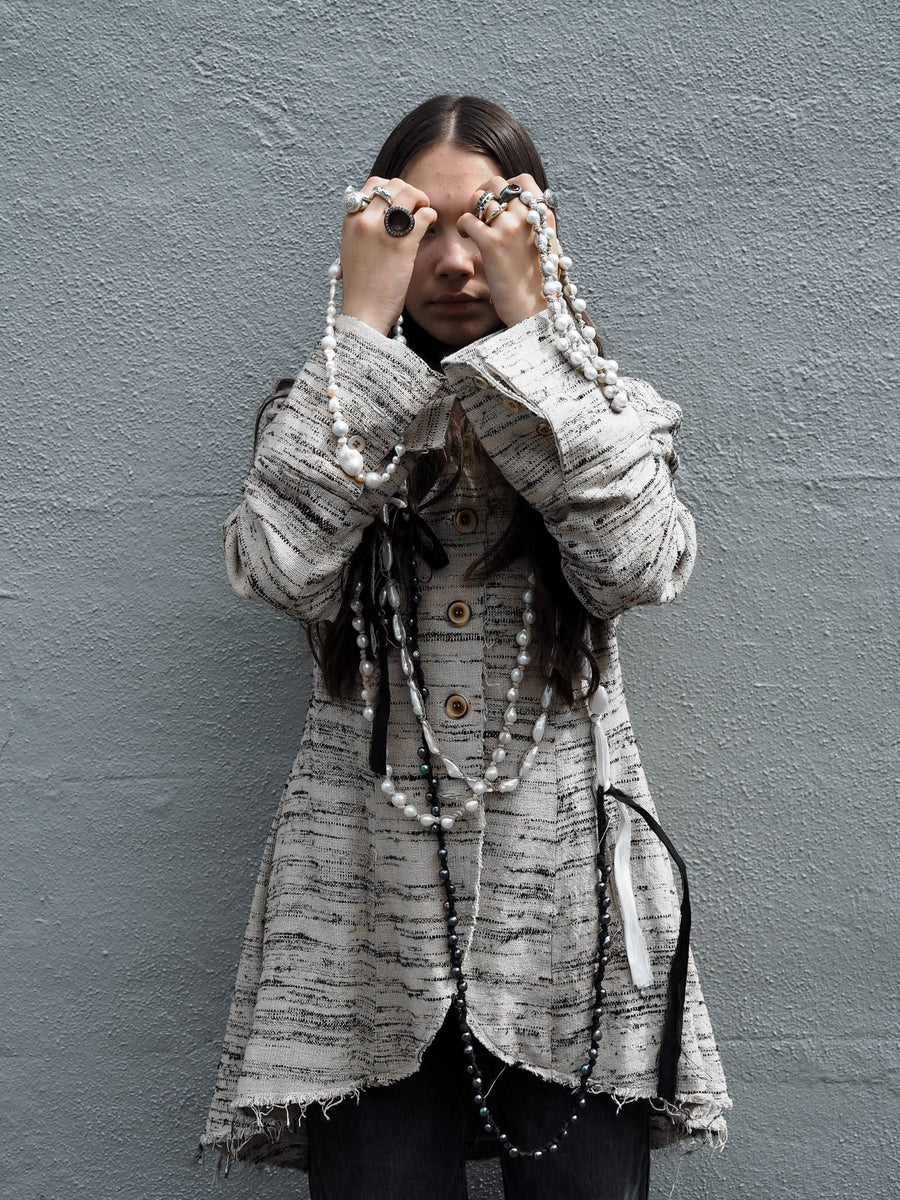 Mid length Tux Style Riding Jacket (Silk) - Natural / Black