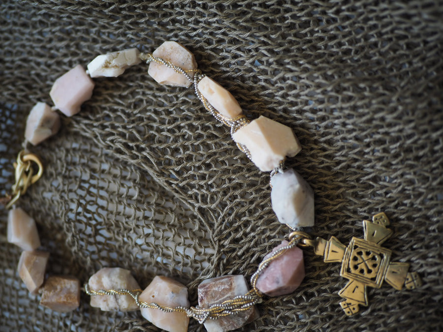 Raw rose quartz Crystal Wrapped Necklace