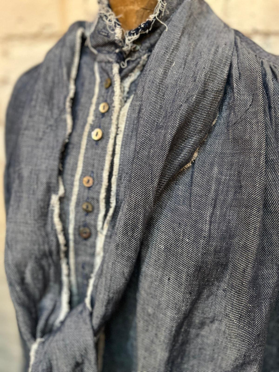 Button Through Shirt Dress - (Linen) - Denim