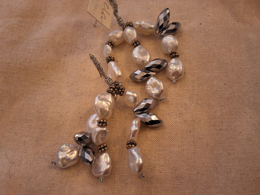 Mela Triple Drop Earrings (Keishi Pearls + Crystals)