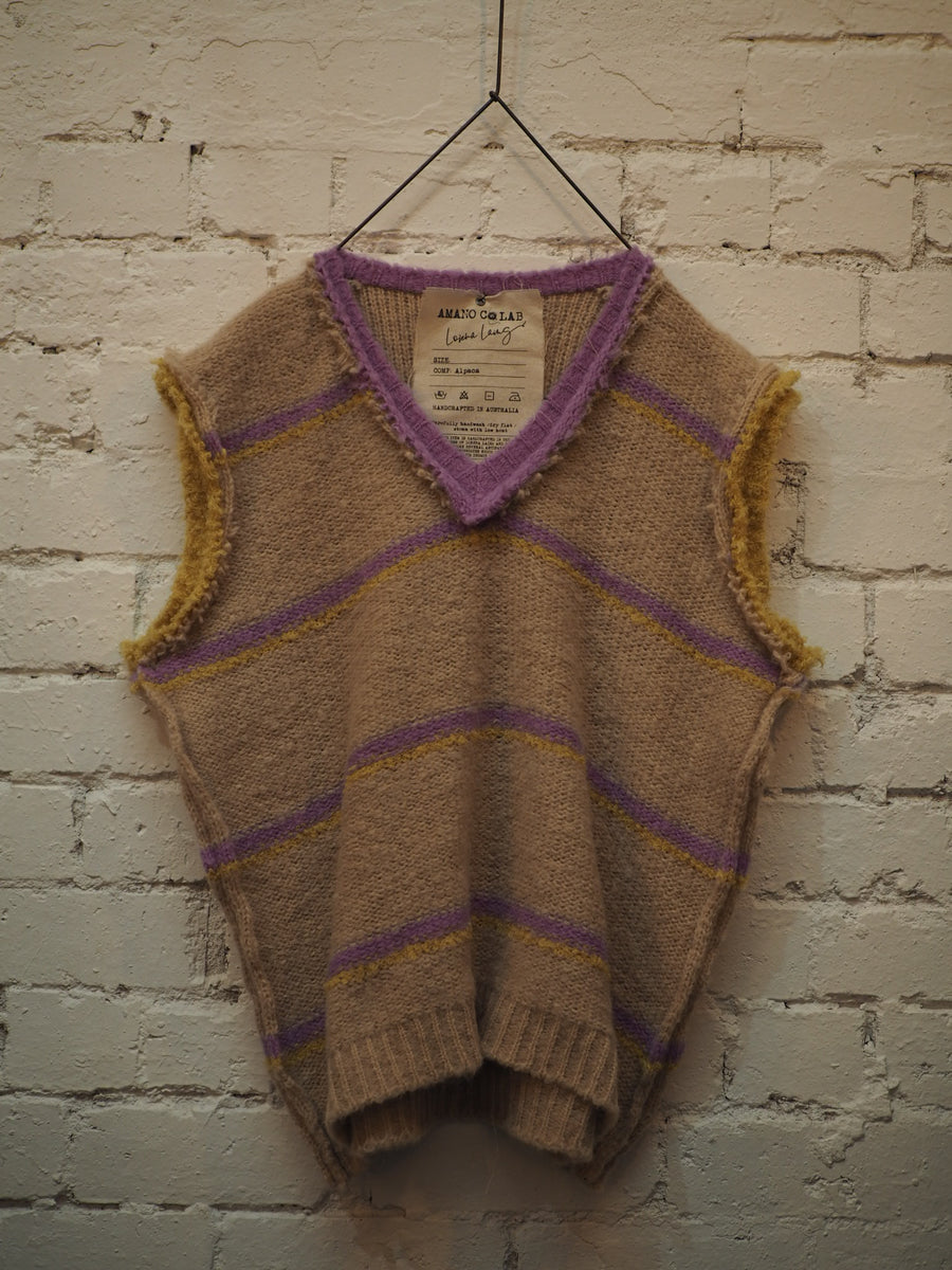 Knitted Stripe V Neck Vest (Alpaca) - Lilac
