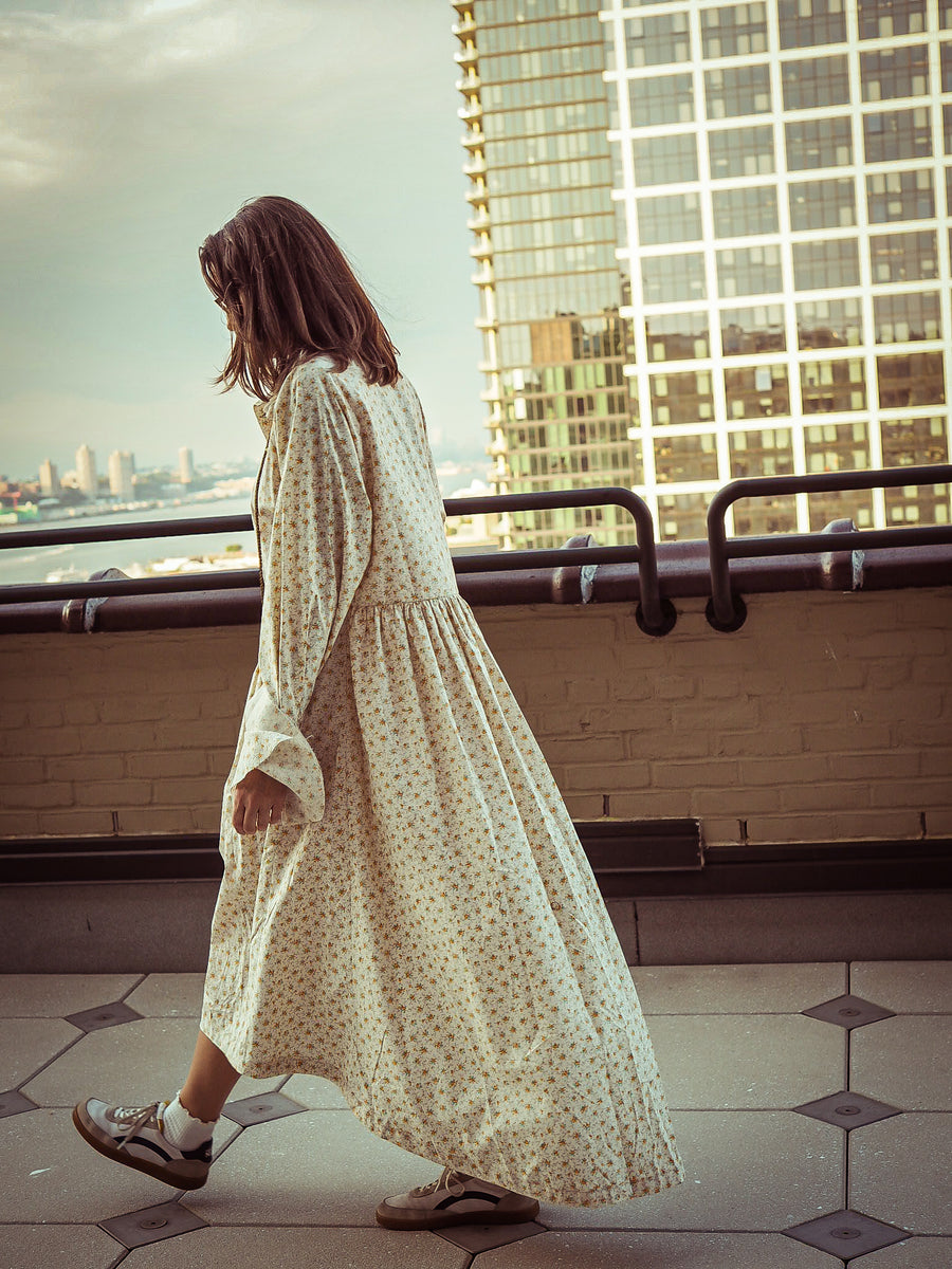 Shirt Dress with ruffle collar and cuffs (Cotton Lawn) -tiny Flora