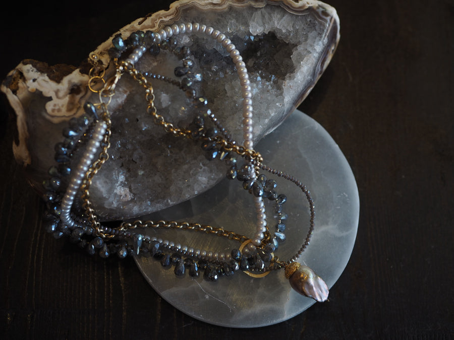 Flaneur Labradorite, pearls & semi precious stones with gold details Necklace