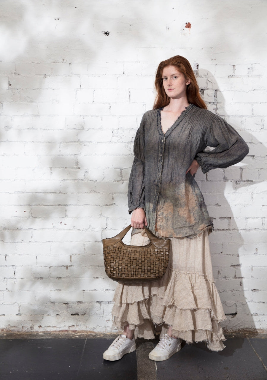 Pin-Tuck Oversize Shirt (Linen Gauze) - Acid Wash Denim Grey