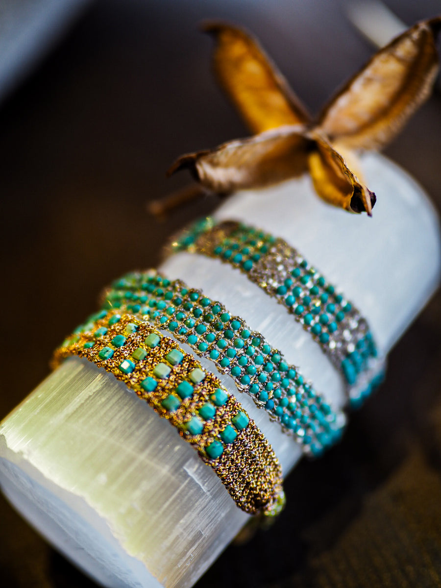 Jaipur Hand-Loom Bracelet (Sterling Silver - Rhodium Plated) - Turquoise