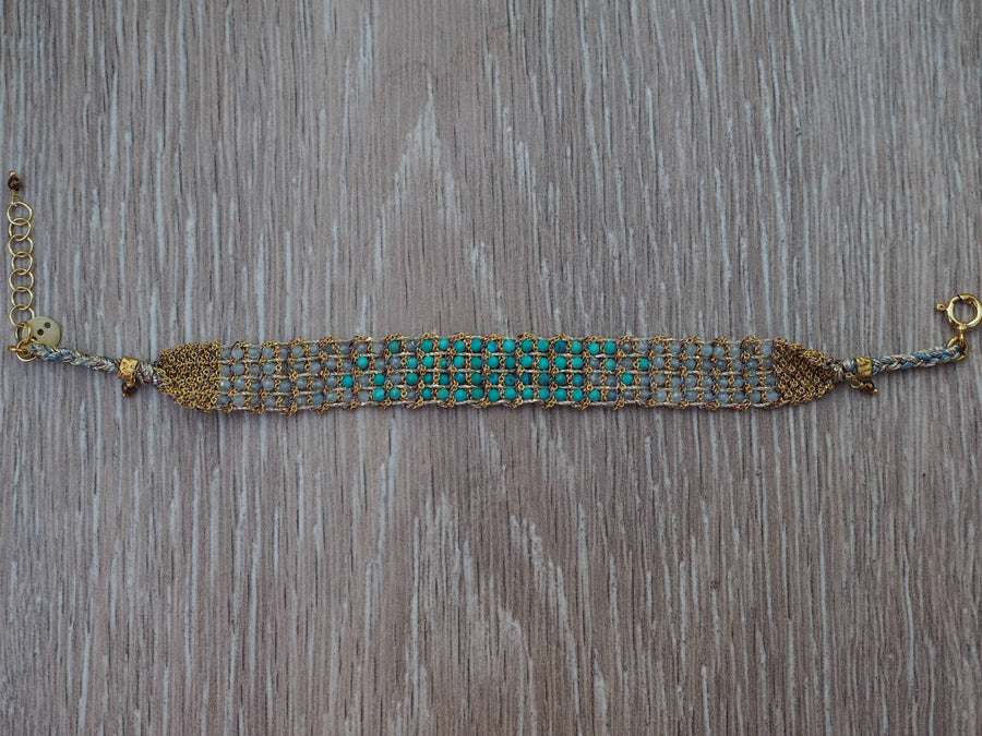 (Jaipur Hand-Loom Bracelet (Sterling Silver - Rhodium Plated) -moon stone + Turquoise
