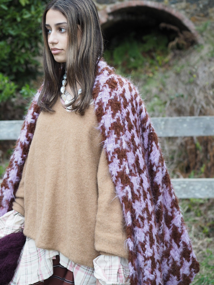 Hand-Loom Maxi Coat In Large Houndstooth Weave (Alpaca) - Lilac/Cognac