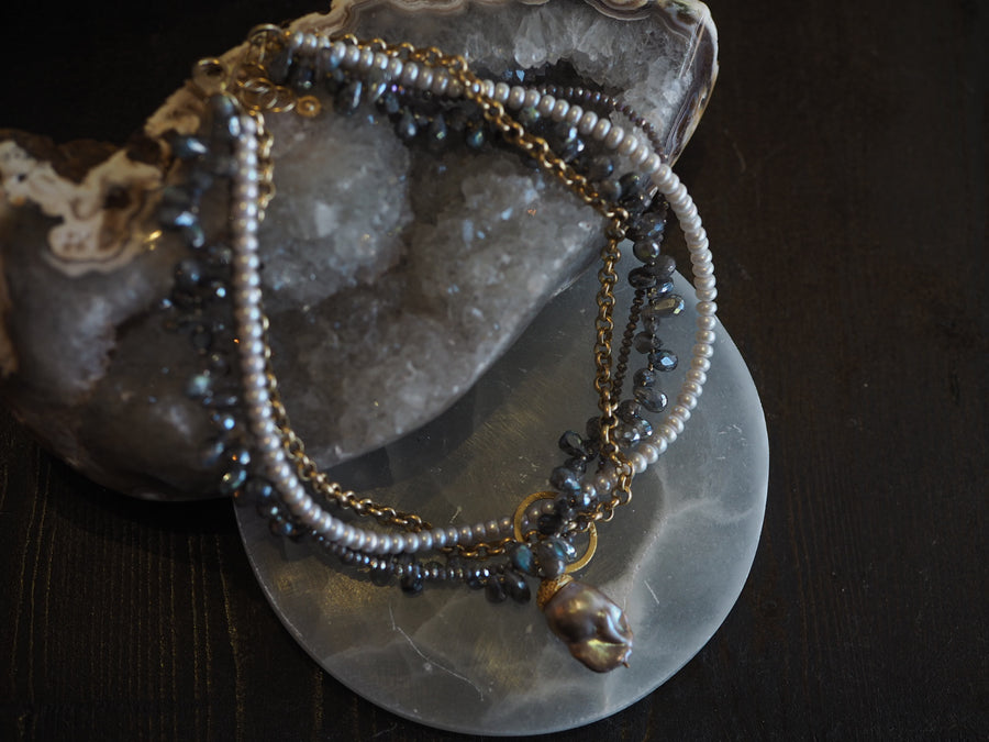 Flaneur Labradorite, pearls & semi precious stones with gold details Necklace