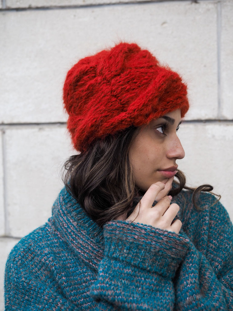 Hand Knit Cable Beanie Style Hat - (Alpaca) Rust