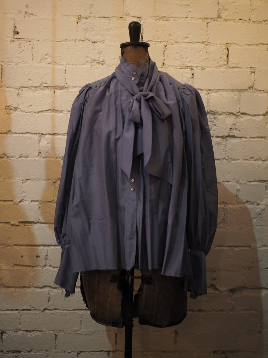 Button Through Blouse (Silk) With Neck Tie - Wedgewood Blue