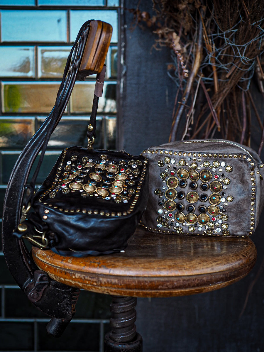 Ribes Camera Bag Kate in garment-dyed cowhide leather with studs and rhinestones - Black