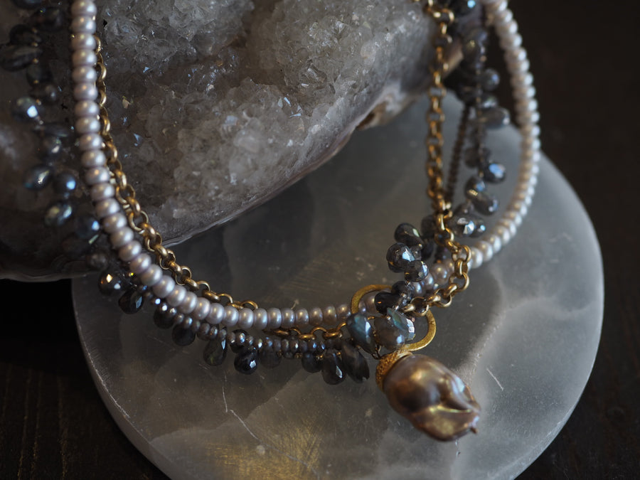 Flaneur Labradorite, pearls & semi precious stones with gold details Necklace