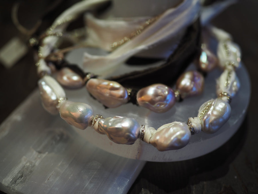 Silk Ribbon Baroque Pearls Necklace - Blush Pearls