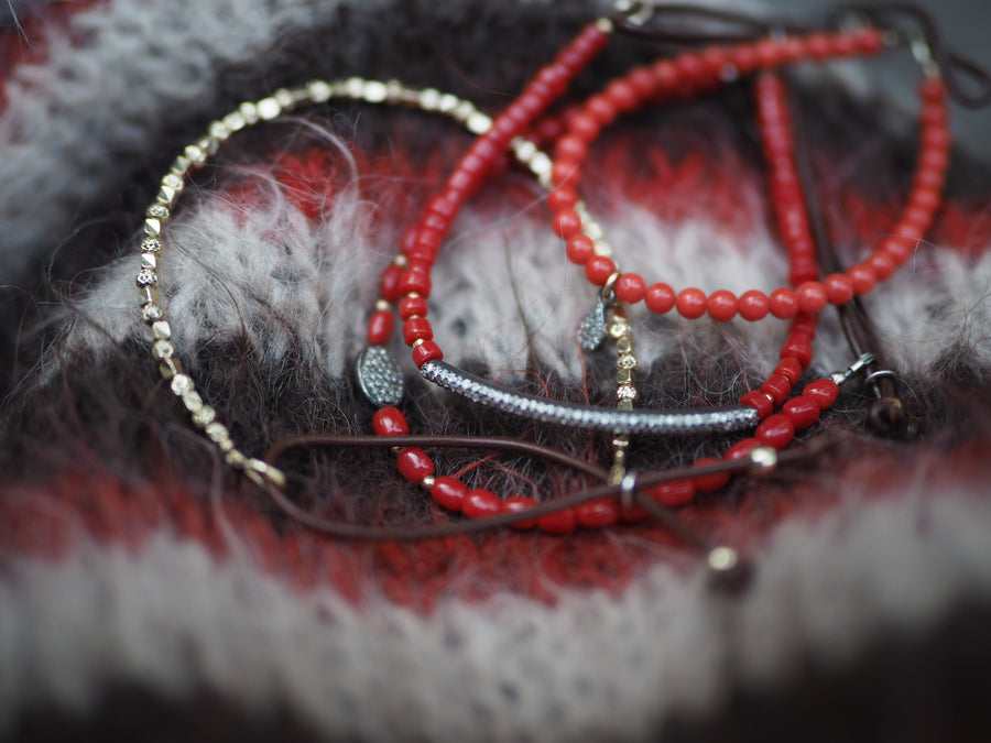 Coral stones bracelet with silver pave diamonds disk