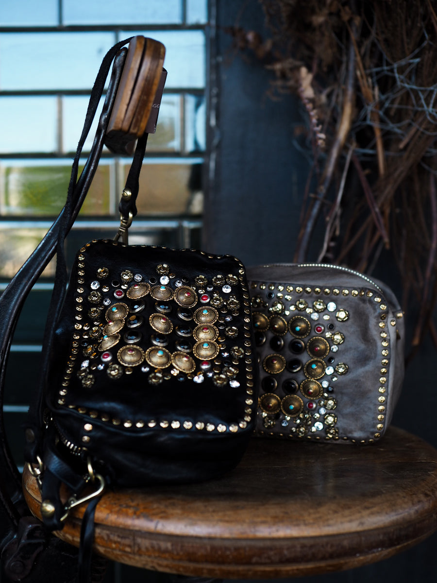Ribes Camera Bag Kate in garment-dyed cowhide leather with studs and rhinestones - Black