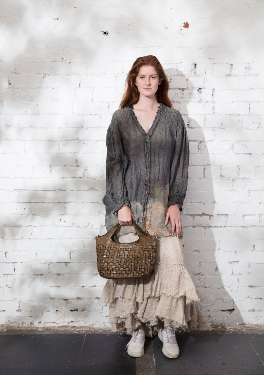 Pin-Tuck Oversize Shirt (Linen Gauze) - Acid Wash Denim Grey