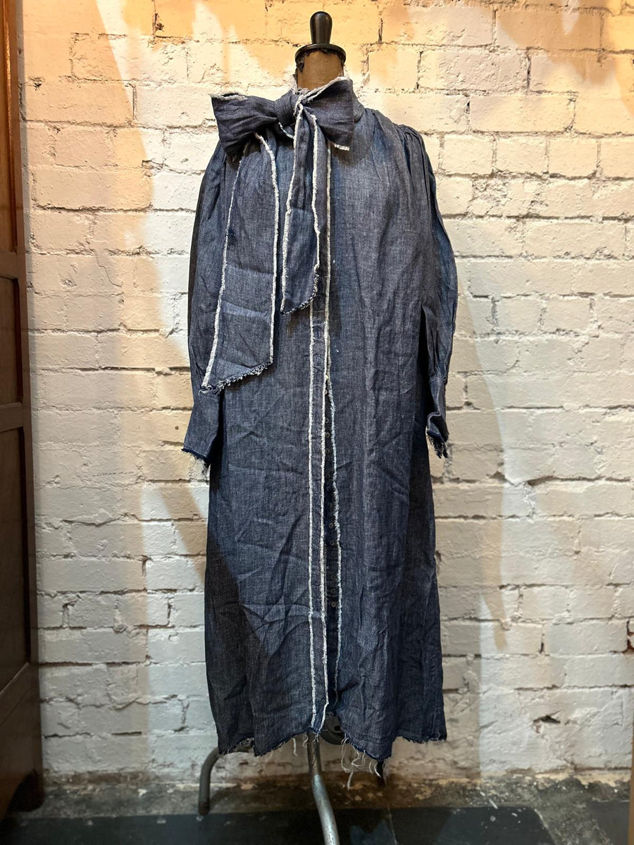 Button Through Shirt Dress - (Linen) - Denim