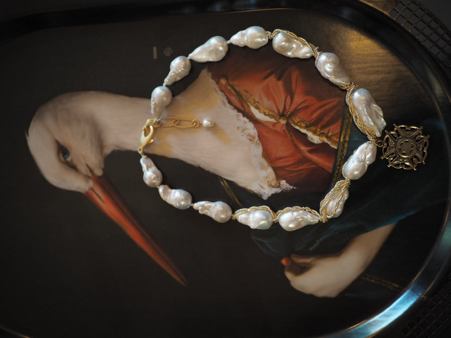 Short Wrap Baroque Pearls Necklace - Coin Drop and diamonds