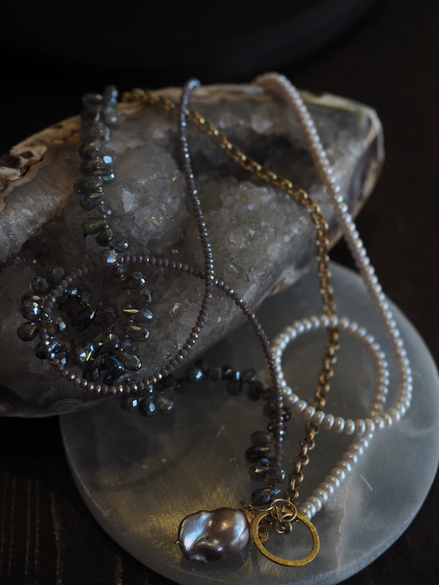 Flaneur Labradorite, pearls & semi precious stones with gold details Necklace