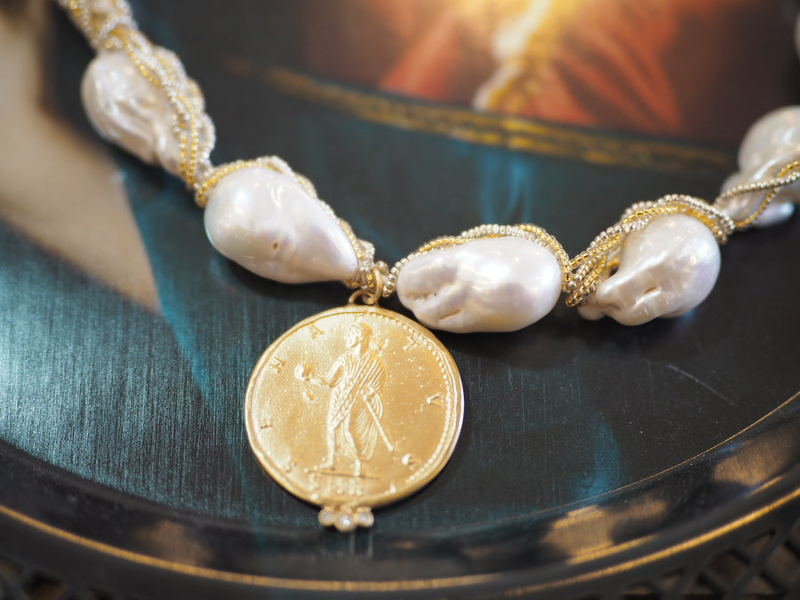 Short Wrap Baroque Pearls Necklace - Coin Drop and diamonds