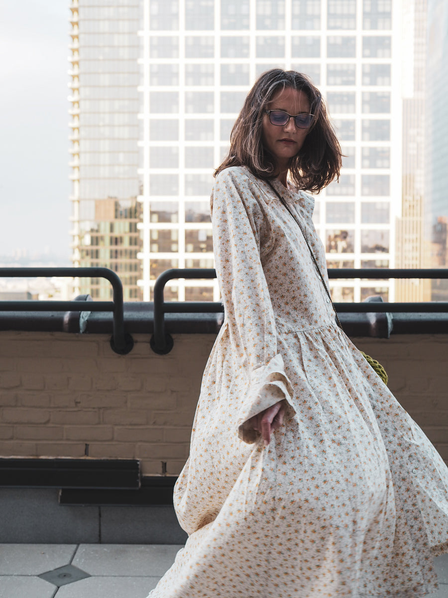 Shirt Dress with ruffle collar and cuffs (Cotton Lawn) -tiny Flora
