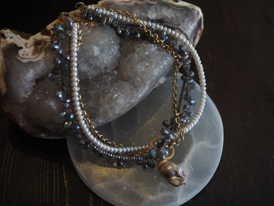 Flaneur Labradorite, pearls & semi precious stones with gold details Necklace