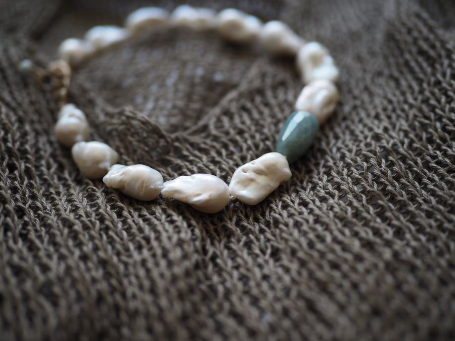 Classic Pearl Necklace - Baroque Pearls + Aquamarine