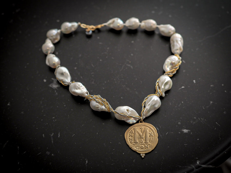 Short Wrap Baroque Pearls Necklace - Coin Drop and diamonds