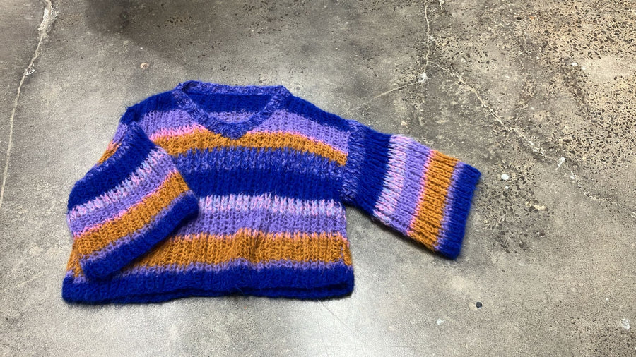 Hand Knit Variagated Stripe V Neck Sweater (Alpaca)