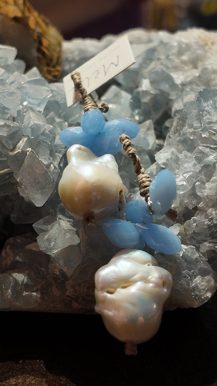 Mela Drop Pearl Earrings With Calcedony Quartz Crystals