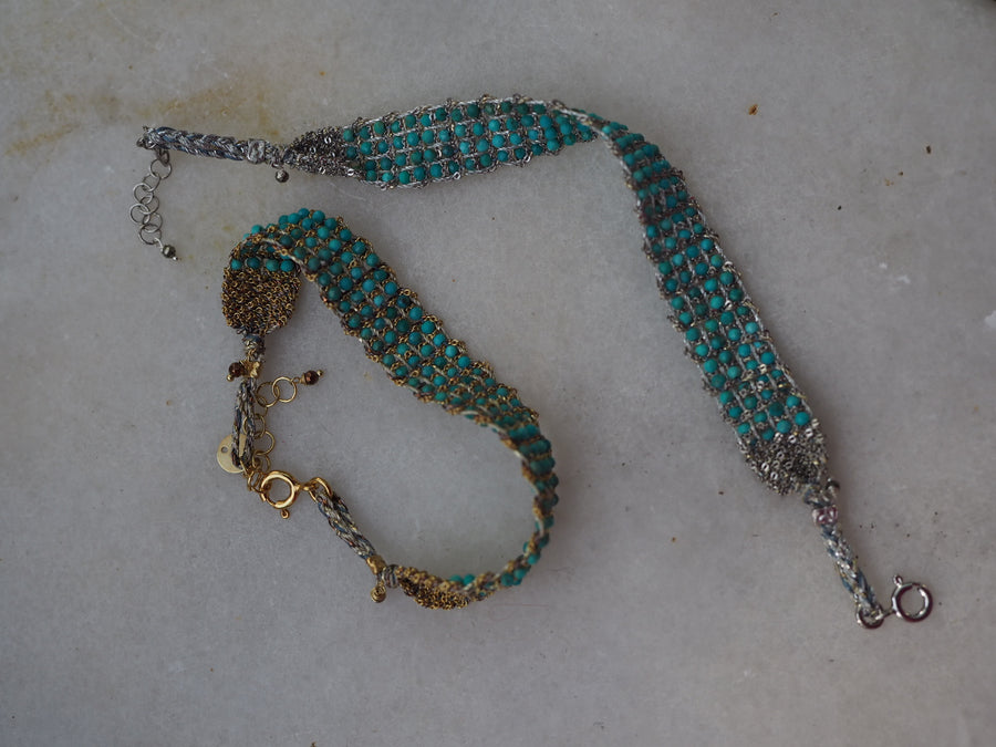 Stones Hand Loom Bracelet (Sterling Silver Rhodium Plated) - Turquoise