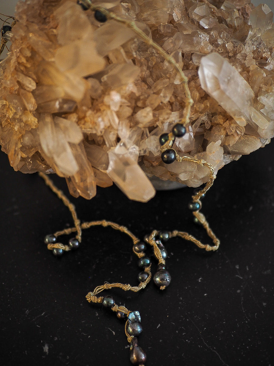 Multi Pearl Lariat Necklace On Silk Thread - Ebony