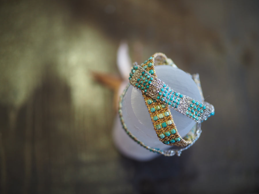 Stones Hand Loom Bracelet (Sterling Silver Rhodium Plated) - Turquoise