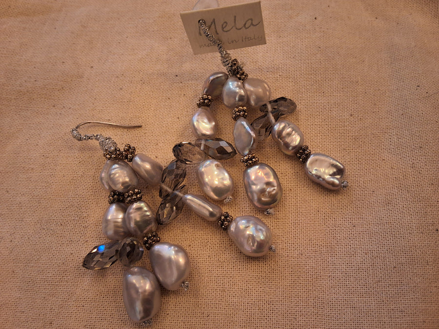 Mela Triple Drop Earrings (Keishi Pearls + Crystals)