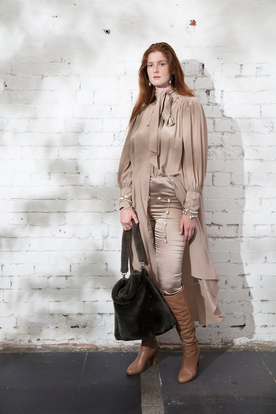 Button Through Shirt Dress W/ Neck Tie And Cuffs (Silk) - Tea Stain