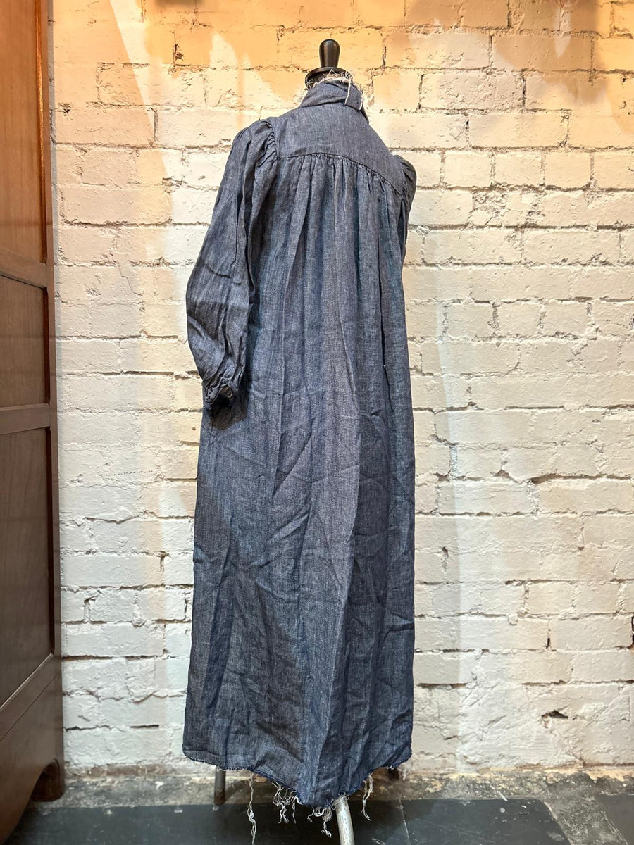Button Through Shirt Dress - (Linen) - Denim