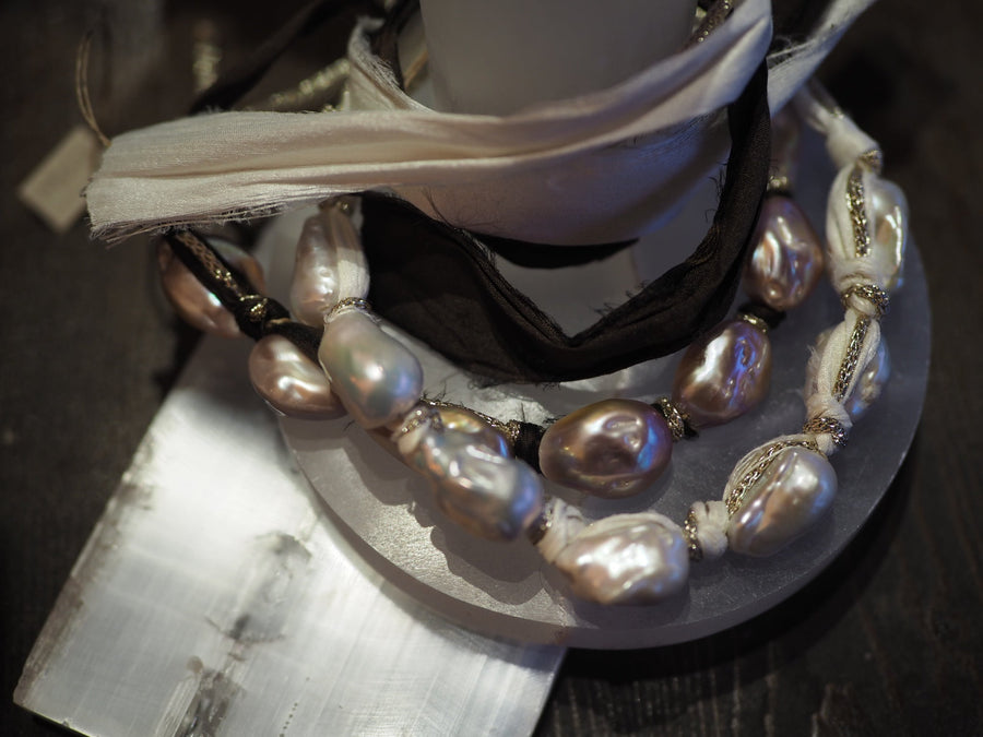 Silk Ribbon Baroque Pearls Necklace - Blush Pearls